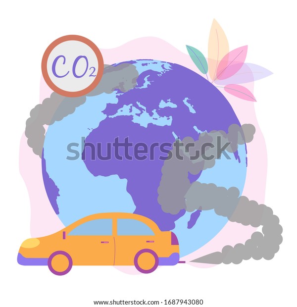 Car smoke from the exhaust pipe. Global CO2\
emissions, air pollution, metaphors of vehicle pollution. Colorful\
vector illustration.