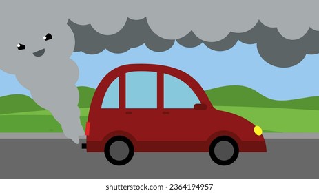 Car with smoke on the road vector flat design illustration. Horizontal layout.