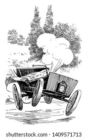 Car Smoking where thick smoke coming out of the exhaust pipe it may be a sign that your engine needs some attention, vintage line drawing or engraving illustration.