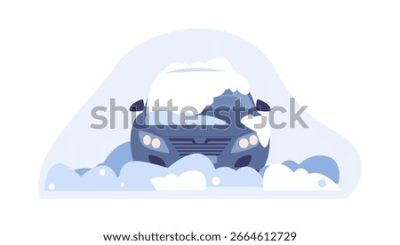 Car in snowdrift. Snow cap on auto, vehicle after snowstorm. Seasonal winter problems, snowy day in village or town. Personal transport vector scene