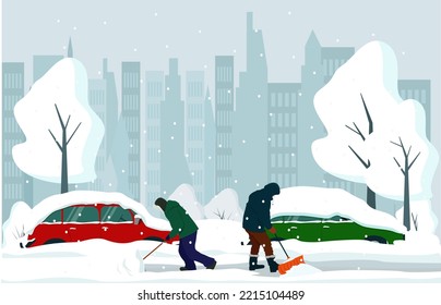 The car is in a snowdrift. Winter cityscape, people shoveling snow, heavy snowfall. Vector illustration.