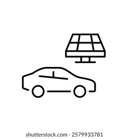 Car and solar panel. Alternative sources. Renewable energy, electricity power. Sustainable eco-friendly living. Pixel perfect vector icon