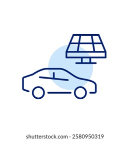 Car and solar panel. Alternative sources. Renewable energy, electricity power. Sustainable eco-friendly living. Pixel perfect, editable stroke icon