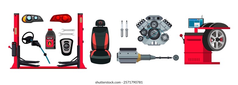 Car spare part, equipment for repair and diagnostic set. Computer, lift, tire, steering wheel, engine, plug, automotive body, wrench kit, auto oil flask, seat, lights, reduction axle.