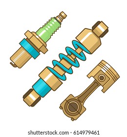 Car spare parts, flat style design. Set of three objects.