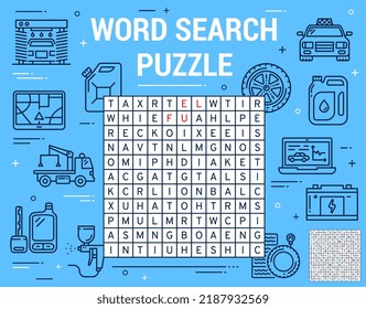 Car spare parts and garage station. Word search puzzle game worksheet. Kids playing activity vector page, text riddle or puzzle with taxi, wheel tire and wrecker, diagnostics, vehicle fuel and oil can