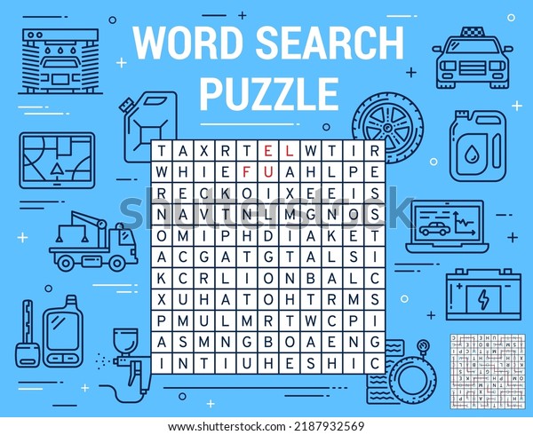 Car spare parts and garage station. Word search\
puzzle game worksheet. Kids playing activity vector page, text\
riddle or puzzle with taxi, wheel tire and wrecker, diagnostics,\
vehicle fuel and oil can