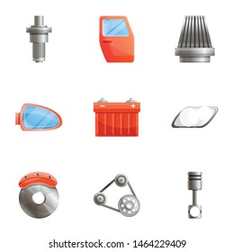 Car spare parts icon set. Cartoon set of 9 car spare parts vector icons for web design isolated on white background