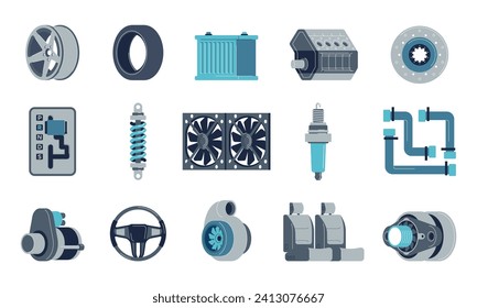 Autoersatzteile. Mechanism Motor Schraubenschraube, Kfz-Mechanik Ausrüstung für Reparatur, Werkstatt Detail-Ausrüstung flach. Vektorgrafik einzeln auf Automotoren