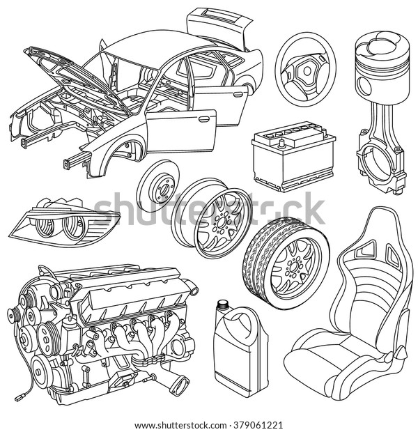 Car spare parts outline engine,\
body, wheel, piston, battery, seat, brake disc\
isometric