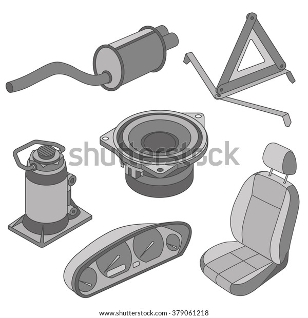 Car spare parts outline seat, sound, triangle,\
jack, exhaust, dashboard isometric\
