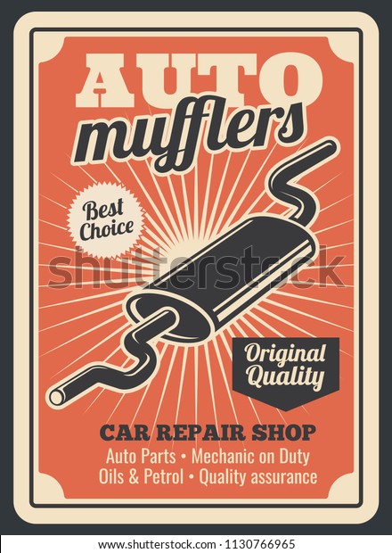 Car spare parts store for auto mufflers retro\
poster for automobile repair shop or service center. Vector vintage\
design of exhaust pipe for car diagnostics, spare parts or garage\
station