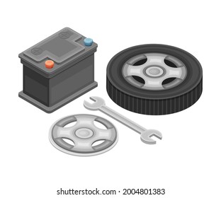 Car Spare Parts with Tire or Tyre, Wrench and ar Battery Isometric Vector Illustration