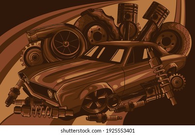 Car with spare parts vector illustration design