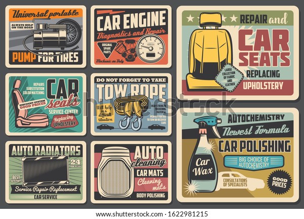 Car spare parts, vehicles diagnostic and\
repair metal signs. Vector tires pumps, engine and speedometer, car\
seats upholstery. Tow rope and radiators replacement, mats cleaning\
and autochemistry