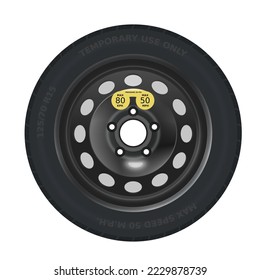 Car spare tire, compact size and speed limit, 3d vector rendering