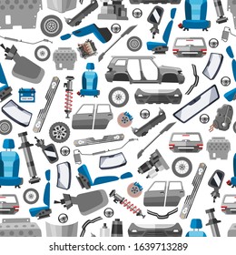 Car spares and auto parts seamless vector pattern. Auto diagnostics test service, protection insurance or vehicle electronics parts service shop. Repair help. Smart technology for auto car background.