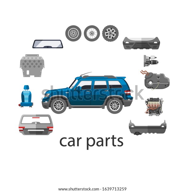 Car spares and parts top view vector illustration\
isolated on white. Repair help with car parts for auto. Auto\
diagnostics test service, protection insurance or vehicle\
electronics parts service\
shop.
