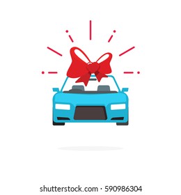 Car special offer idea, flat style automobile with red gift bow, auto sale price present vector illustration