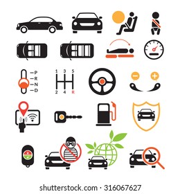 Car Specification and Performance Objects icons Set, Black ad white with Color, Automobile Function and Option