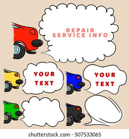 Car and speech bubbles for message. Sketchy automobile with tags cloud. Transport set of banners or templates for printing. Base for text. Information / note about car repair service. Vector