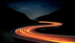 Car Speed Lights. Glowing Trail, Highway Road Line, Fast And Long Night Exposure, Red Lane Blurred Effect. Mountains And Night Sky. Vector Abstract Background With Dynamic Flashlight
