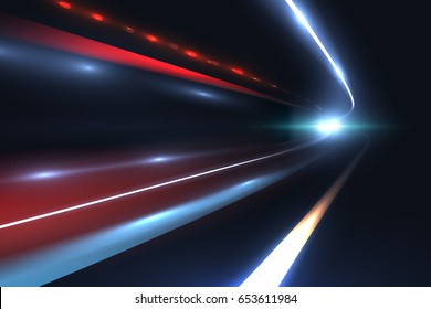 Car Speed Lines. Light Trails Tragic Of Long Exposure Abstract Vector Background. Light Night Road Tunnel For Car Or Train Illustration