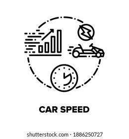 Car Speed Race Vector Icon Concept. Electrical Cart Sport Racing And Driving Competition On Racetrack, Speedometer Measuring Speed Equipment. Auto Motorsport Championship Black Illustration