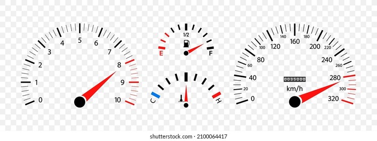 Car speedometer. Auto dashboard with gauge of speed, tachometer, odometer. Icons isolated on transparent background. Panel of meter of fuel, engine rpm and temperature. Sport car. Vector.
