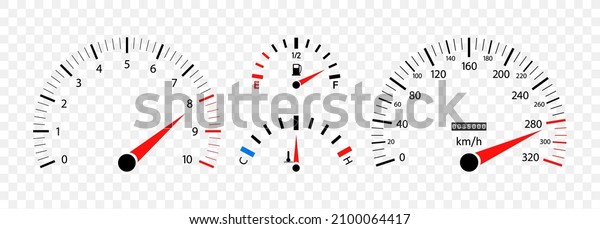 Car speedometer. Auto dashboard with gauge of\
speed, tachometer, odometer. Icons isolated on transparent\
background. Panel of meter of fuel, engine rpm and temperature.\
Sport car. Vector.