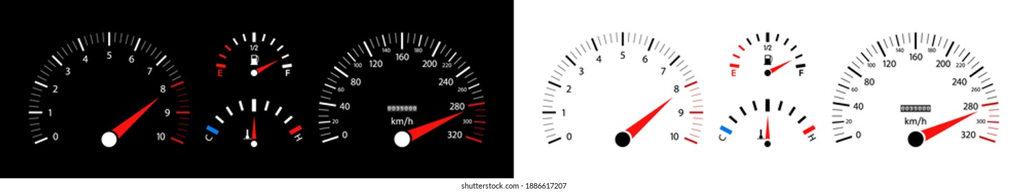 Car speedometer. auto Dashboard with speed gauge, tachometer and odometer. Icons isolated on black and white background. Fuel, engine rpm and temperature meter Panel. Sport car. Vector.
