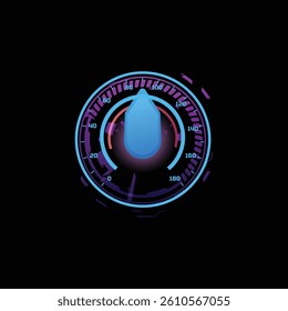 Car speedometer dashboard, digital neon LED speed gauge with big arrow. Speed accelerate measurement indicator, progress bar display. Vector illustration isolated on black. Tachometer counter