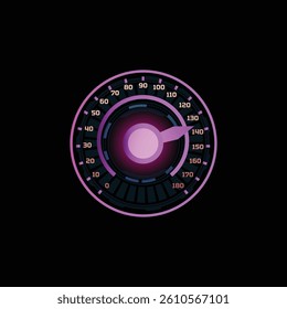 Car speedometer dashboard, digital neon LED speed gauge with big purple arrow. Accelerate measurement indicator, progress bar display. Vector illustration isolated on black. Tachometer counter