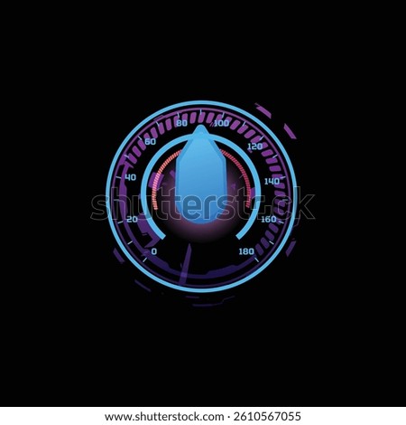 Car speedometer dashboard, digital neon LED speed gauge with big arrow. Speed accelerate measurement indicator, progress bar display. Vector illustration isolated on black. Tachometer counter