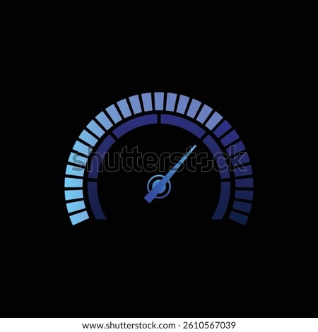 Car speedometer dashboard, round digital neon LED gauge. Loading scale, progress bar display. Speed motion hud panel interface. Accelerate measurement blue indicator. Vector illustration on black