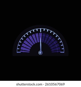 Car speedometer dashboard, semicircle digital neon LED gauge. Speed motion hud panel interface, progress bar display, loading scale. Accelerate measurement blue indicator. Vector illustration on black