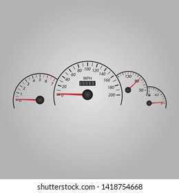 Car Speedometer Dashboard. Speed Metre Panel With Odometer, Miles Counter And Urgency Dial Or Cars Instrument Fast Dashboard.