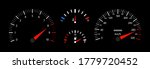 Car speedometer, dashboard, tachometer and temperature gauge. Vehicle with digital display. Scale of gage of fuel, speed, rpm. 3d panel with instrument. Velocity motorbike or car with odometer. Vector