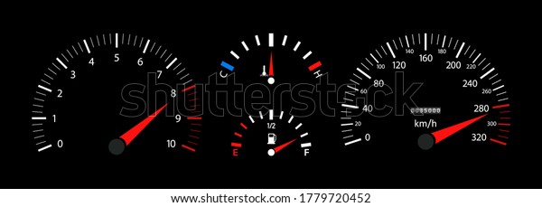Car speedometer, dashboard, tachometer and\
temperature gauge. Vehicle with digital display. Scale of gage of\
fuel, speed, rpm. 3d panel with instrument. Velocity motorbike or\
car with odometer. Vector
