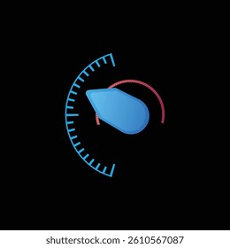 Car speedometer, digital neon LED gauge with big arrow. Speed motion hud panel interface, progress bar display, loading scale. Accelerate measurement indicator, dashboard. Vector illustration on black