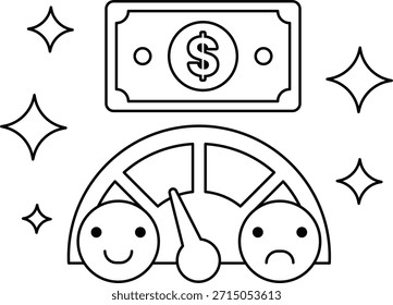 A car with a speedometer and a dollar bill on top of it. Scene is cheerful and lighthearted