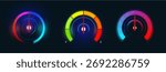 Car speedometer gauges with neon light panel and dials. Vector dashboard indicators on tachometers. Speed meter mph readouts with loading bars and battery, fuel and velocity level scales