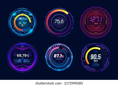 Pkw-Geschwindigkeitsmesser mit Neonlichtpaneel und -wählern, Vektor-Dashboard-Anzeigen auf Tachometer. Geschwindigkeits-Messgeräte in blauem violettem Neon mit Ladestangen, Batterien, Kraftstoff- und Geschwindigkeitsstufen