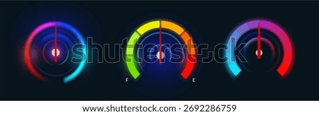 Car speedometer gauges with neon light panel and dials. Vector dashboard indicators on tachometers. Speed meter mph readouts with loading bars and battery, fuel and velocity level scales