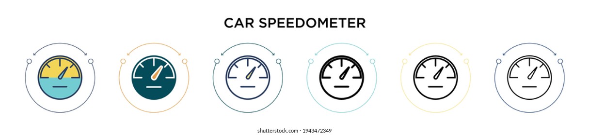 Car speedometer icon in filled, thin line, outline and stroke style. Vector illustration of two colored and black car speedometer vector icons designs can be used for mobile, ui, web