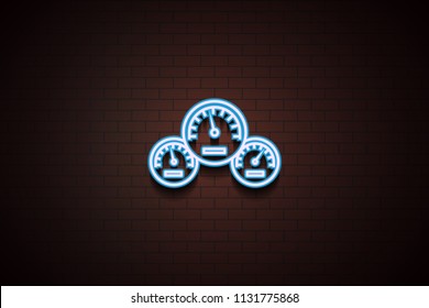 car speedometer icon in Neon style on brick wall on dark brick wall background
