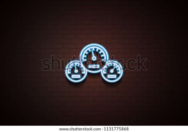 car speedometer icon in Neon style on brick\
wall on dark brick wall\
background