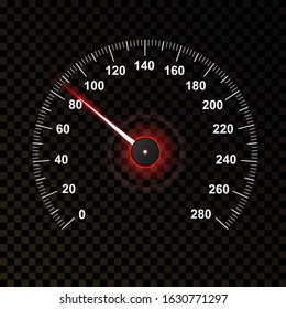 Car speedometer isolated on transparent dark background. Car odometer or tachometer with speed level scale. Vector illustration