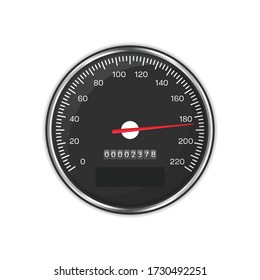 Car Speedometer Isolated On White Background. Simple Black Gauge In Flat Style. Automobile Tachometer Or Odometer With Speed Panel. Vector Illustration EPS 10.