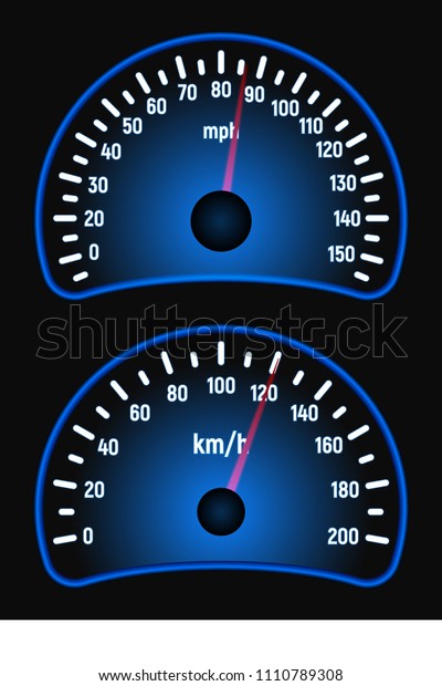 Car speedometer kit. Mile\
and kilometer per hour. Speed measurement. Vector illustration.\
Blue glow.